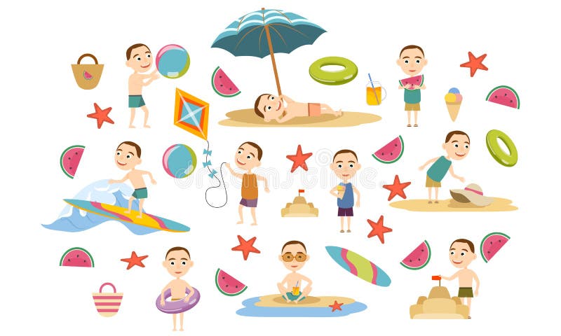 Ställ in en pojke med en kort frisyr i olikt poserar i sommarkläder och baddräkter på stranden stock illustrationer Ställ in en pojke med en kort frisyr i olikt poserar i sommarkläder och baddräkter på stranden stock illustrationer
