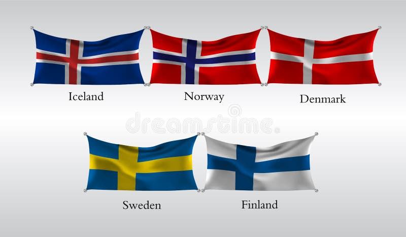 Ställ in flaggor av europeiska länder Vinkande flagga av Island, Norge, Danmark, Sverige, Finland också vektor för coreldrawillus vektor illustrationer Ställ in flaggor av europeiska länder Vinkande flagga av Island, Norge, Danmark, Sverige, Finland också vektor för coreldrawillus vektor illustrationer