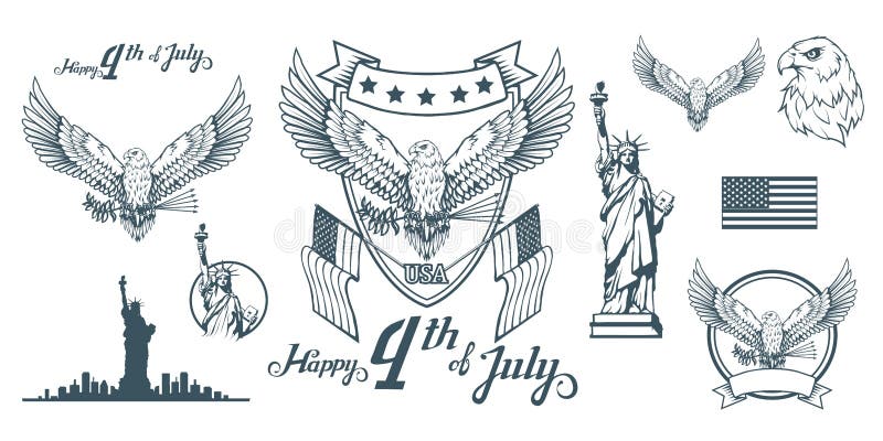 Ställ in för design av självständighetsdagen för Amerika ` s Traditionella symboler av Amerika Logo för skallig örn lycklig själv vektor illustrationer Ställ in för design av självständighetsdagen för Amerika ` s Traditionella symboler av Amerika Logo för skallig örn lycklig själv vektor illustrationer