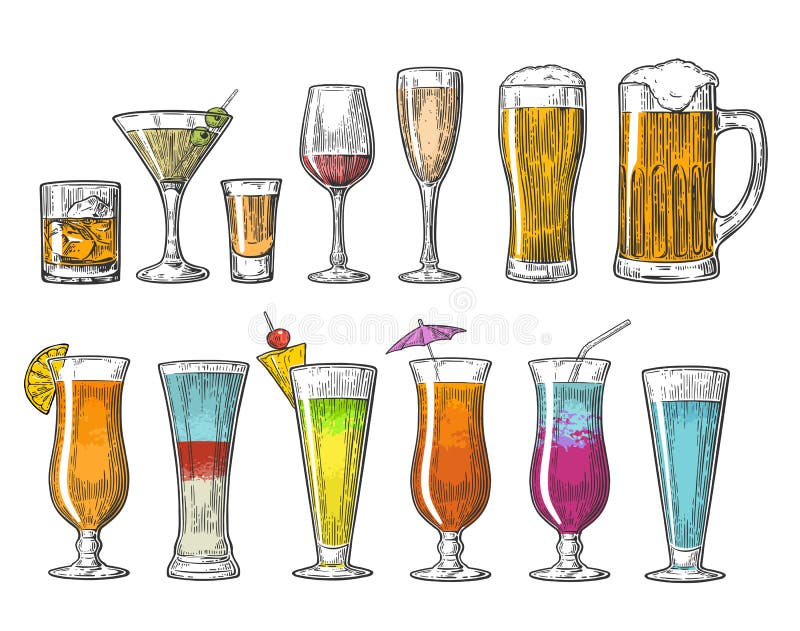 Ställ in glass coctailar för champagne för konjak för tequilaen för ölwhiskyvin Illustration för tappningvektorgravyr för rengöri vektor illustrationer