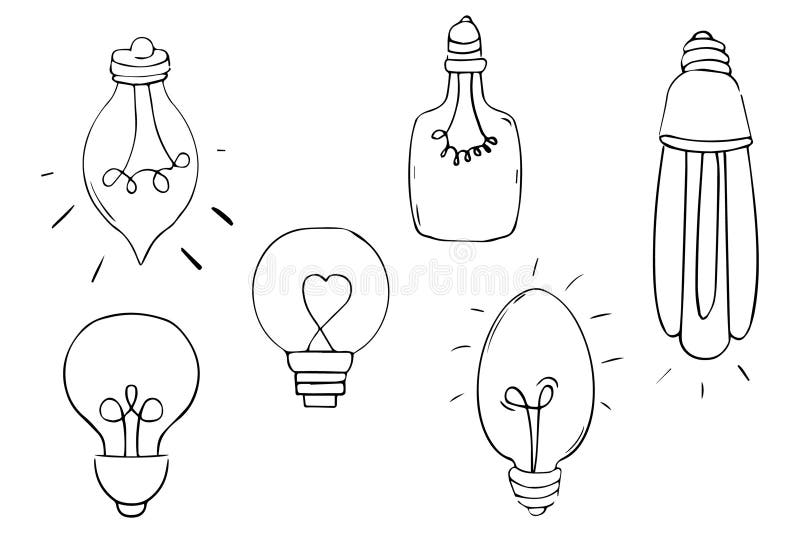 Ställ in glödlampa, doodle-tecknad el isolerad på vit bakgrund. rita ritning av frihandsikoner vektor illustrationer