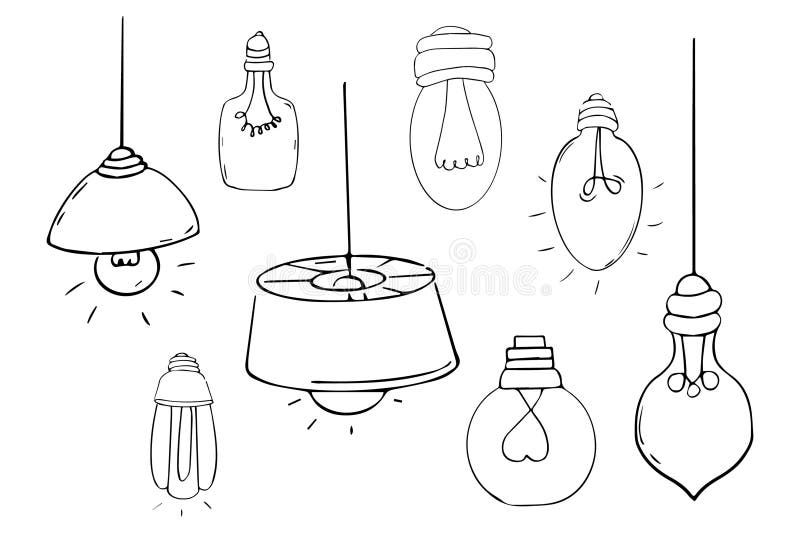Ställ in glödlampa, doodle-tecknad el isolerad på vit bakgrund. rita ritning av frihandsikoner vektor illustrationer