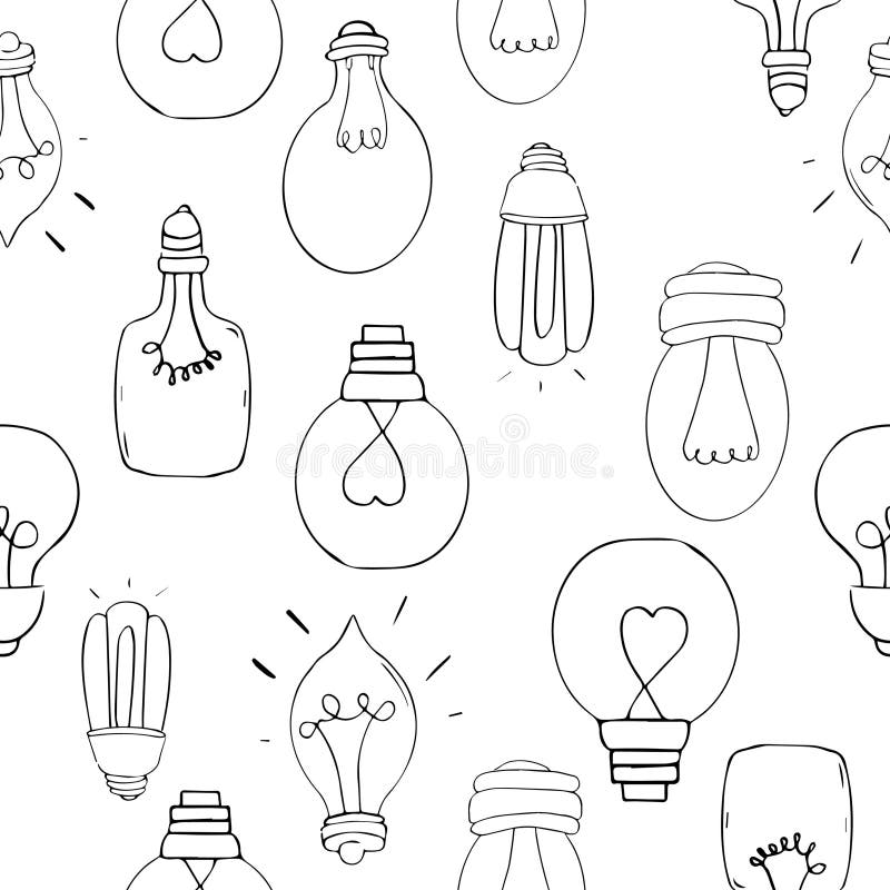 Ställ in glödlampa, doodle-tecknad, sömlöst elmönster med vit bakgrund. rita ritning av frihandsikoner vektor illustrationer