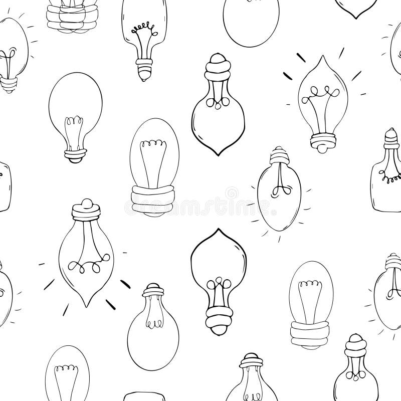 Ställ in glödlampa, doodle-tecknad, sömlöst elmönster med vit bakgrund. rita ritning av frihandsikoner stock illustrationer
