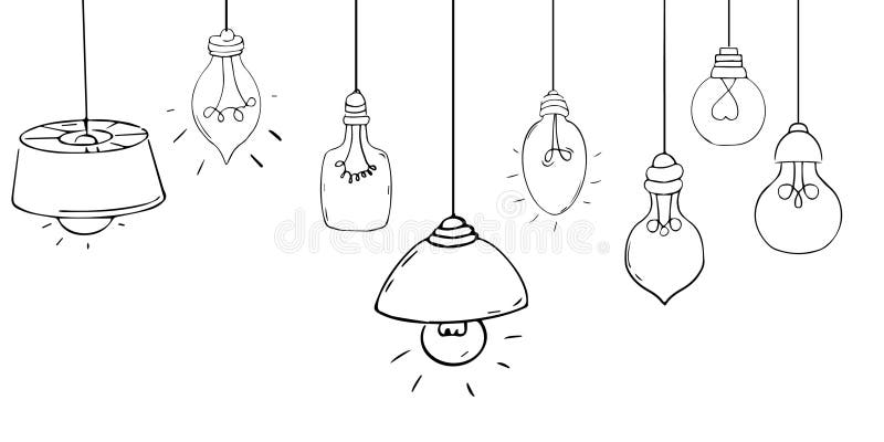 Ställ in glödlampa, doodle-tecknad, sömlöst elmönster med vit bakgrund. rita ritning av frihandsikoner stock illustrationer