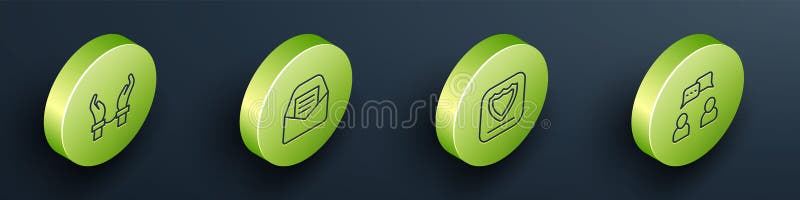 Ställ in Isometric line Handcuffs på händerna på kriminell e-post Shield och pratbubblans chattikon. Vector royaltyfri illustrationer