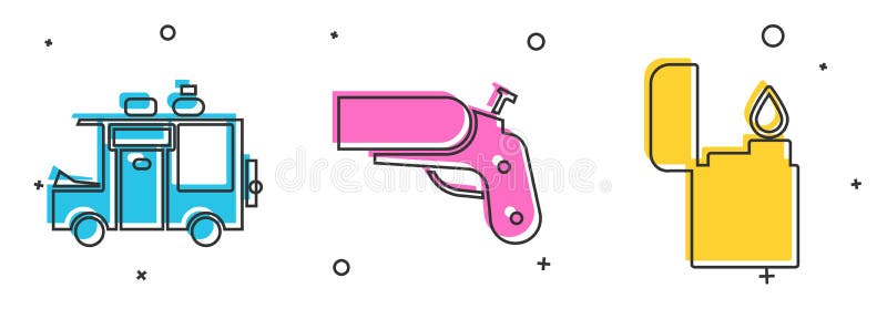 Ställ in kamouflingpistol och tändarikon för campingsläpfordon. vektor royaltyfri illustrationer