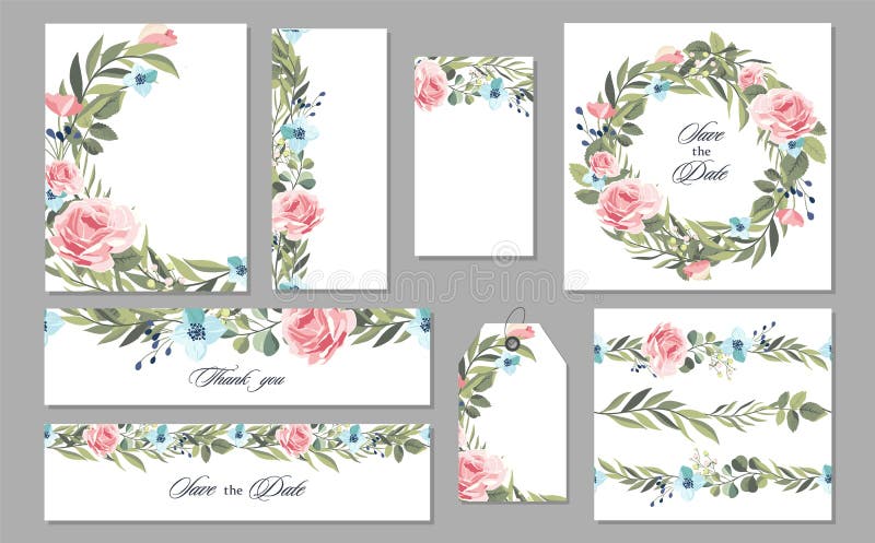 Ställ in kortet för bröllopinbjudantappning med blommor och sidor vektor stock illustrationer Ställ in kortet för bröllopinbjudantappning med blommor och sidor vektor stock illustrationer