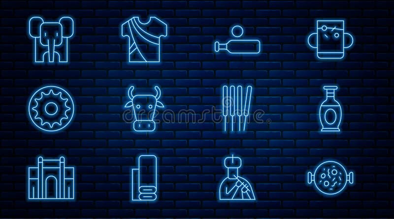 Ställ in linje Chicken tikka masala indisk vase Wood cricket bat och ball Cow Chakra Elephant Aroma sticks incense och vektor illustrationer
