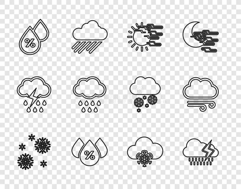 Ställ in linje Snömoln med regn och blixt Fog Soldrott i procent snö och vädersymbol. Vector.