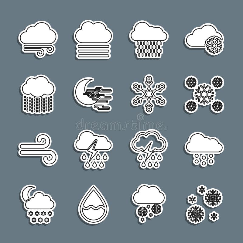 Ställ in linje Snömoln med snöregn, väderlek och snöflingikon för Fog och månbög. Vector vektor illustrationer