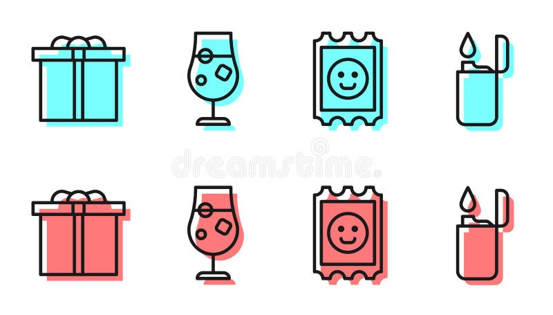 Ställ in LSD-syramärke, Gift-box, Cocktail och alkoholdryck och Lighter-ikon Vector stock illustrationer