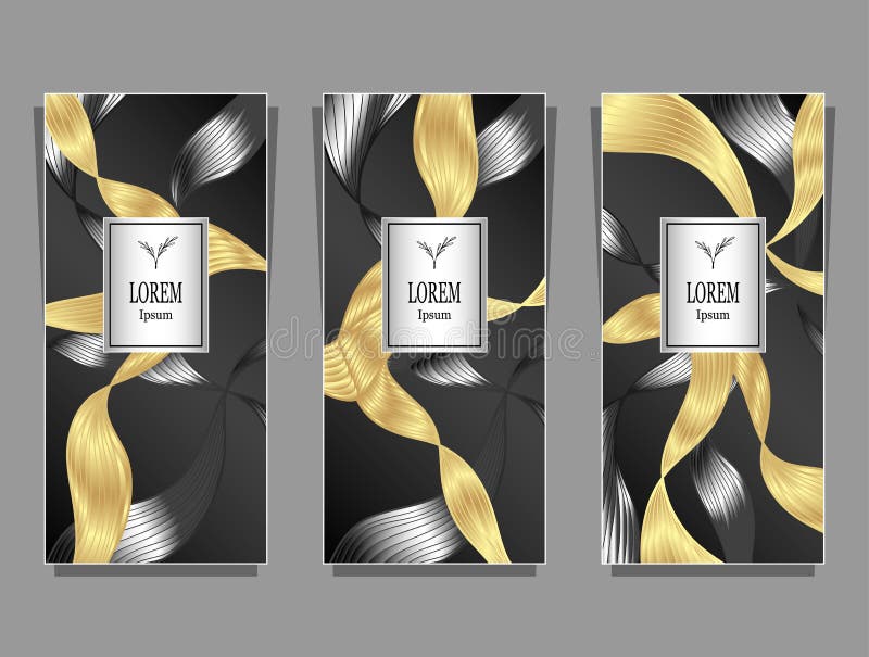 Ställ in mallen för packe från lyxig bakgrund som göras av folie i svart guld- silver vektor illustrationer Ställ in mallen för packe från lyxig bakgrund som göras av folie i svart guld- silver vektor illustrationer