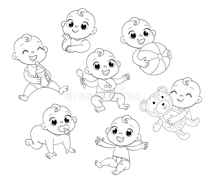 Ställ in med gulligt litet behandla som ett barn i blöja stock illustrationer Ställ in med gulligt litet behandla som ett barn i blöja stock illustrationer