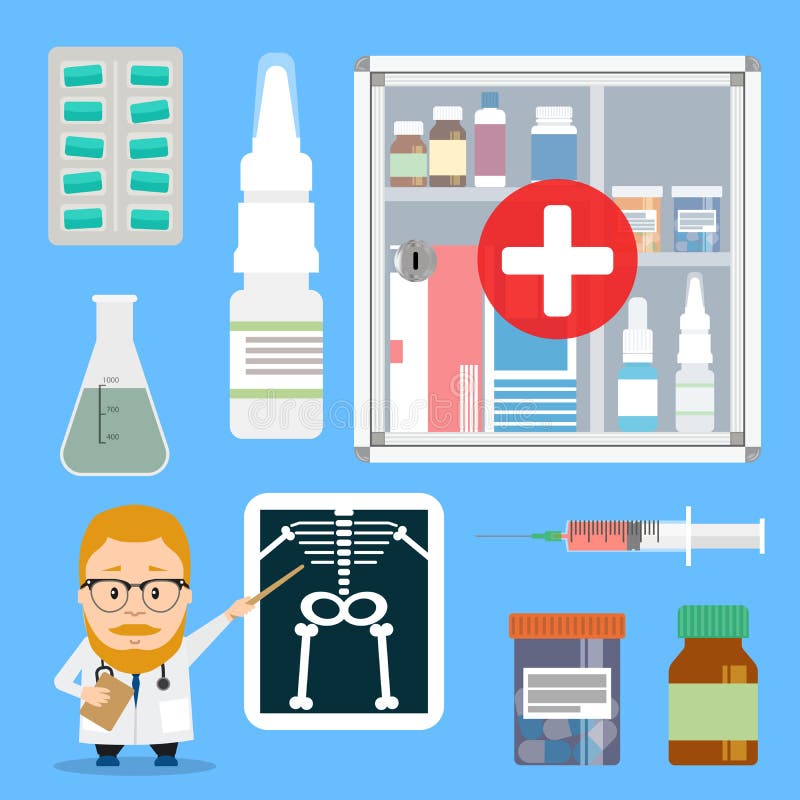 Ställ in medicinska förnödenheterpreventivpillerar och injektionssprutor Doktorspekareröntgenstråle vektor illustrationer Ställ in medicinska förnödenheterpreventivpillerar och injektionssprutor Doktorspekareröntgenstråle vektor illustrationer