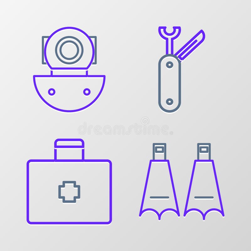 Ställ in Rubber flippers för simning Första hjälpen-satsen Schweizisk armékniv och Aqualung-ikon. Vector royaltyfri illustrationer