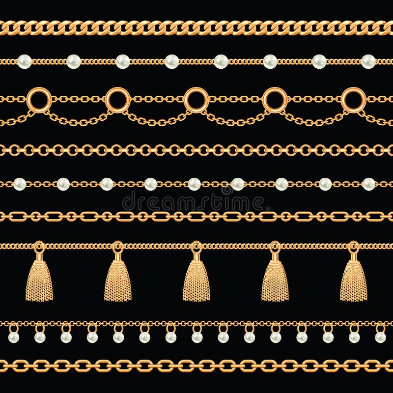 Ställ in samlingen av guld- metalliska kedjegränser med pärlor och tofsar p? Black ocks? vektor f? r coreldrawillustration vektor illustrationer