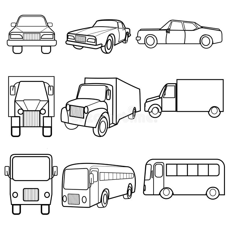 Ställ in symbolssymboler bilen, lastbilen, buss stock illustrationer Ställ in symbolssymboler bilen, lastbilen, buss stock illustrationer