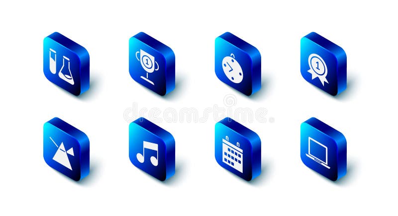 Set Award cup Clock Medal Laptop Calendar Music note tone Light rays in prism and Test tube and flask icon. Vector. Set Award cup Clock Medal Laptop Calendar Music note tone Light rays in prism and Test tube and flask icon. Vector.