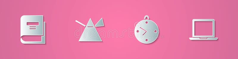 Set paper cut Book, Light rays in prism, Clock and Laptop icon. Paper art style. Vector. Set paper cut Book, Light rays in prism, Clock and Laptop icon. Paper art style. Vector.