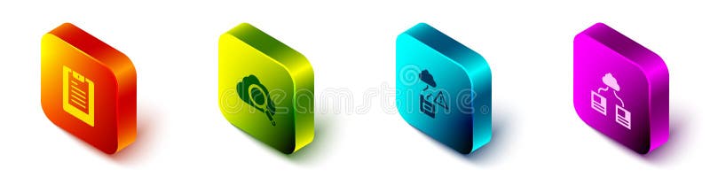 Ställa in Isometric Server Data Report Search Cloud Computing Data Transfer and icon. Vector vektor illustrationer