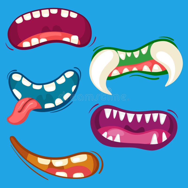 Ställde gulliga monstermunnar in för tecknad film med olika emotionella uttryck Tänder tunga, munsamling Allhelgonaaftonvektor