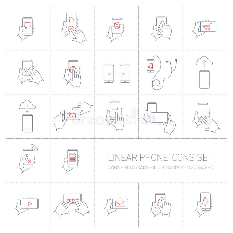 Ställde linjära telefon- och teknologisymboler in för vektor med handgester stock illustrationer