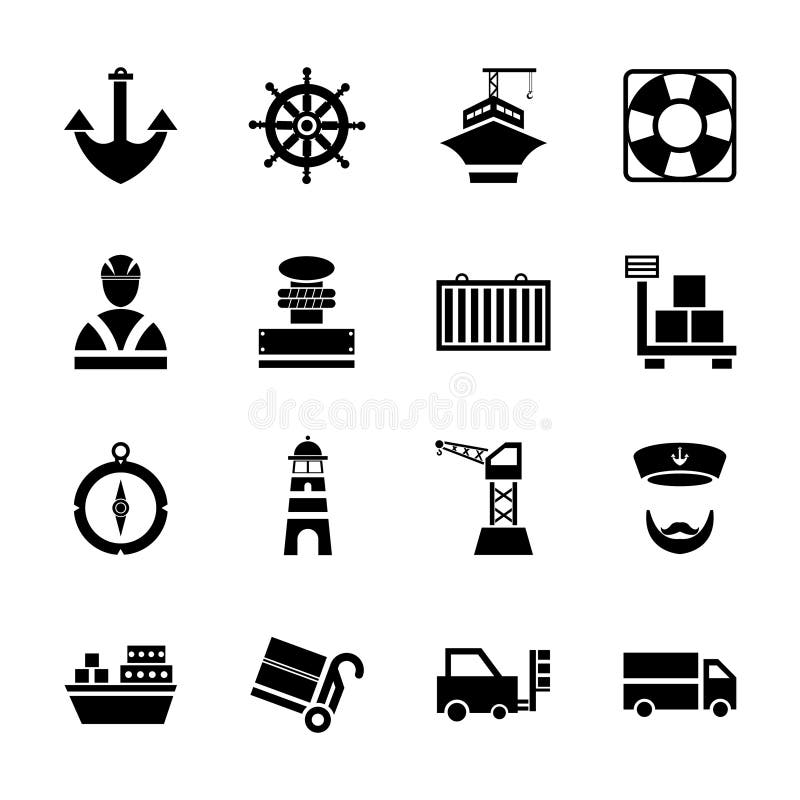Ställde svarta symboler in för havsport med skepp och den isolerade vektorillustrationen för marin- transport royaltyfri illustrationer Ställde svarta symboler in för havsport med skepp och den isolerade vektorillustrationen för marin- transport royaltyfri illustrationer