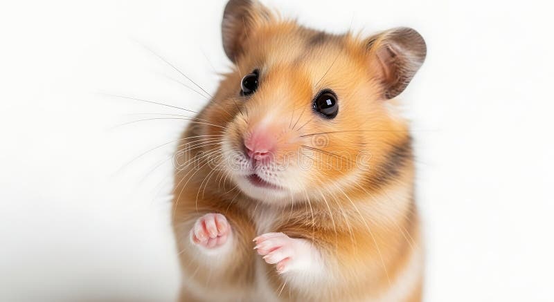 Stäng av en gyllene hamster med små tassar på vit bakgrund fotografering för bildbyråer