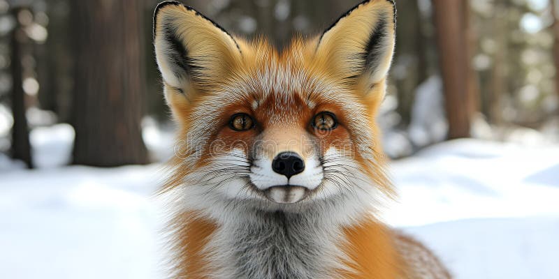 Stäng porträtt av en röd räv i en snöskog som tittar direkt på kameran med oskarp bakgrund stock illustrationer