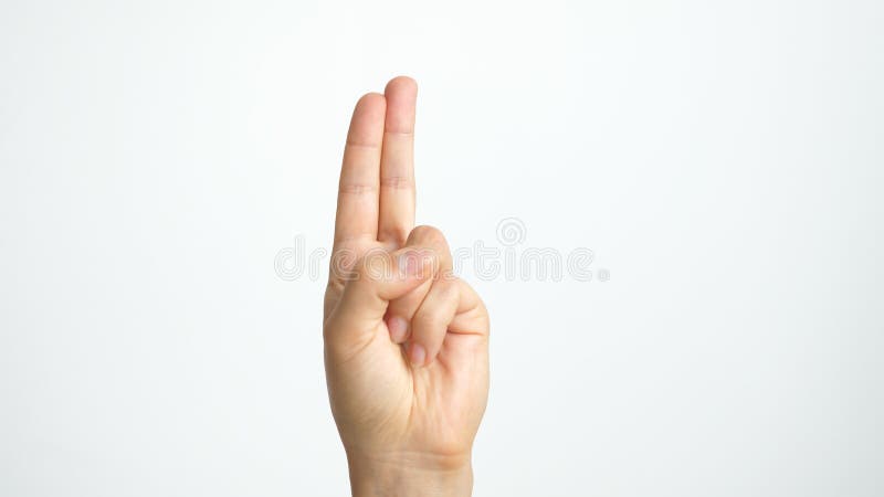 Stäng sig av den isolerade kvinnliga handen visar upp två fingrar som isoleras upp på vit bakgrund arkivbild Stäng sig av den isolerade kvinnliga handen visar upp två fingrar som isoleras upp på vit bakgrund arkivbild
