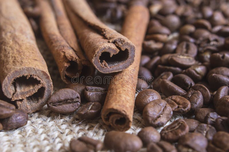 Stäng sig upp av fragnant kanelbruna pinnar med kaffebönor royaltyfri foto Stäng sig upp av fragnant kanelbruna pinnar med kaffebönor royaltyfri foto
