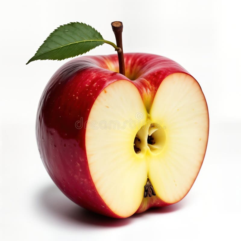 Stäng upp bildspel, klippt rött äpple med grönt blad överst. friska färska frukter. isolerad frukt med vit bakgrund. mogna äpplen royaltyfri illustrationer
