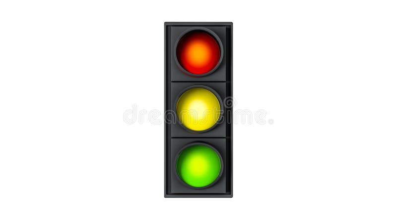 Stänga gröna, gula och röda trafikljus i framsidan. stock illustrationer
