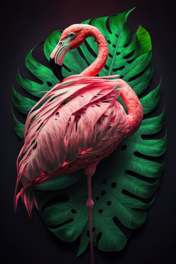 Stänga portrit pink flamingo med bladgenerativ ai stock illustrationer