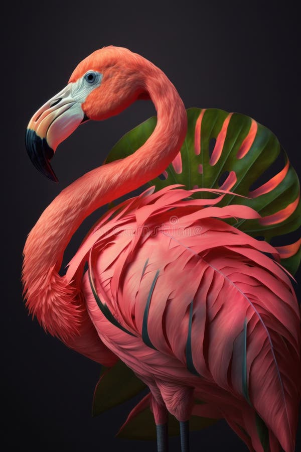 Stänga portrit pink flamingo med bladgenerativ ai vektor illustrationer