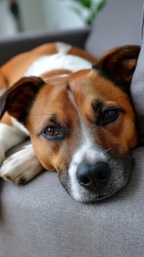 Stängd porträtt av en brun och vit hund som vilar huvudet på en grå soffa och tittar på kameran inomhus med tassar fotografering för bildbyråer