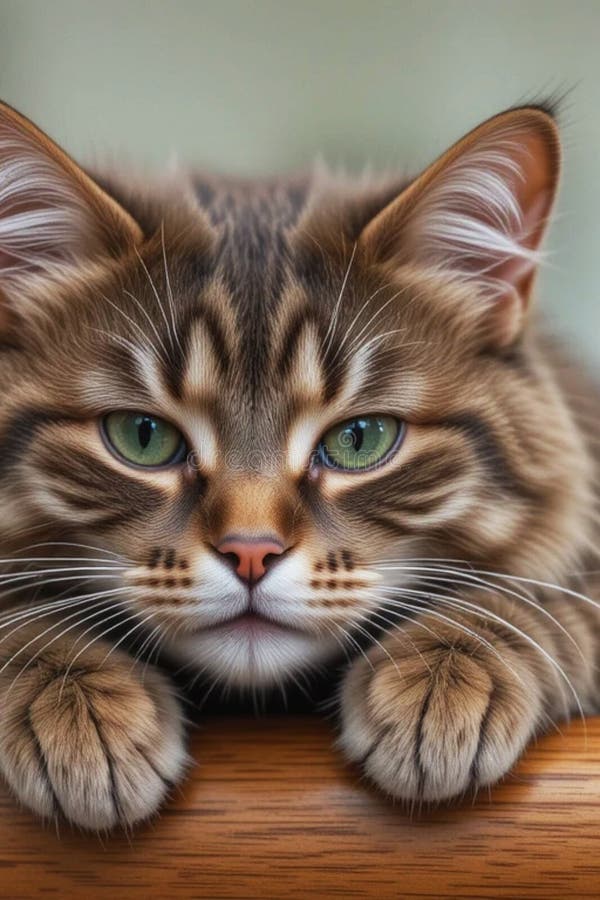 Stängning av en brun Tabby Cat med grön öja som håller tillbaka sina pajer med sin inkapslande gurka och detaljpäls. royaltyfri bild