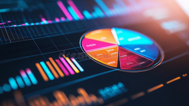 Stängning av en datorskärm som visar ett dynamiskt cirkeldiagram och stapeldiagram som illustrerar dataanalys fotografering för bildbyråer