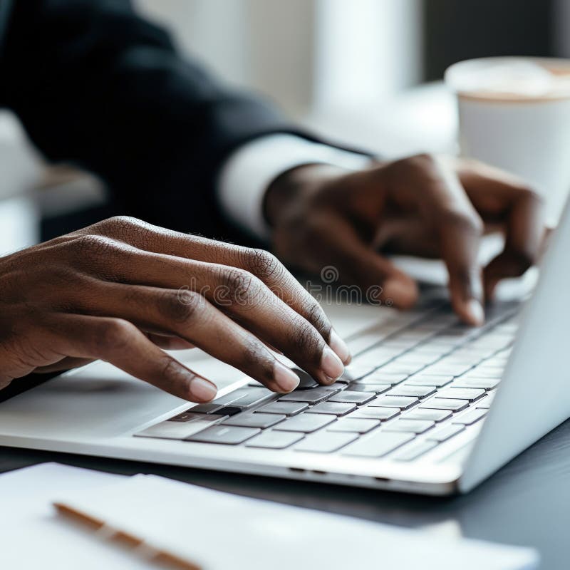 Stängning av en man som skriver på en bärbar dator vid modernt skrivbord. Professionell frilansarbetsyta i en digital affärsinstäl stock illustrationer