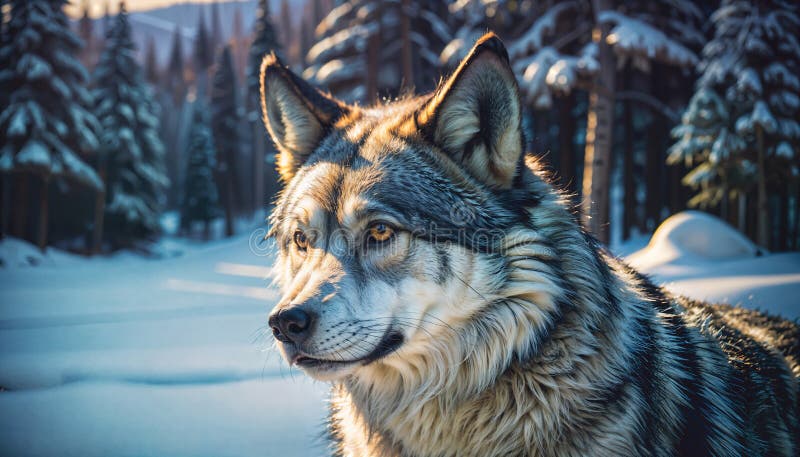 Stängning av en manlig grå varg i en vintersnöskog. visioner av vilda djur under naturliga förhållanden stock illustrationer