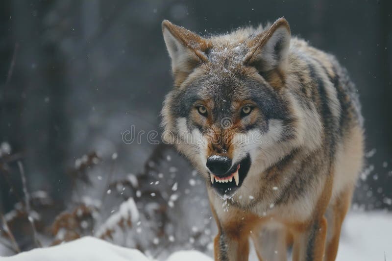 Stängning av en vildvarg i snöskogar på vintern royaltyfri illustrationer