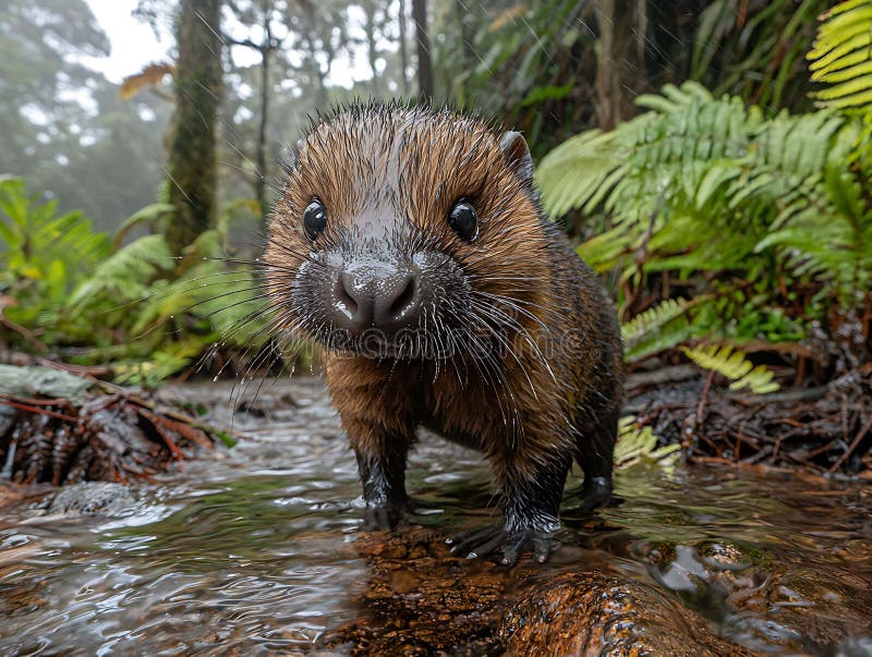 Stängning av en våt besynnerlig gnagare nära ett regnskogsflöde. Dess mörka ögon och whisky står ut mot den lush gröna bakdroppen stock illustrationer
