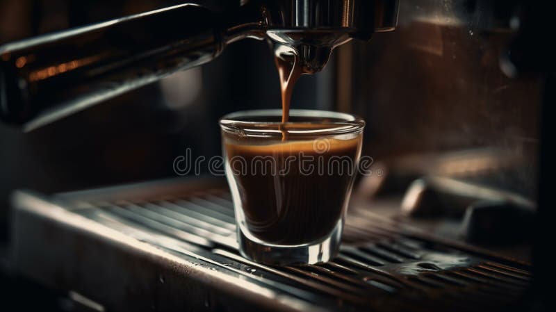 Stängning av espressomvandling från kaffebryggare. framställningen av kaffe. ai generativ royaltyfri illustrationer