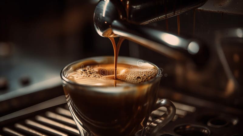 Stängning av espressomvandling från kaffebryggare. framställningen av kaffe. ai generativ vektor illustrationer
