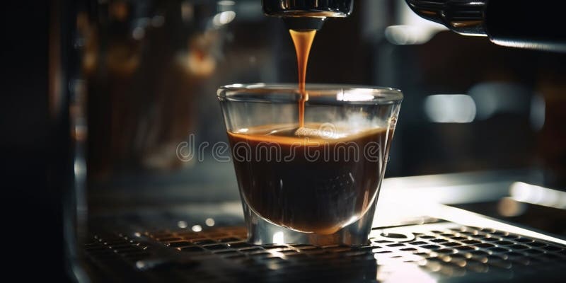 Stängning av espressomvandling från kaffebryggare. framställningen av kaffe. ai generativ vektor illustrationer