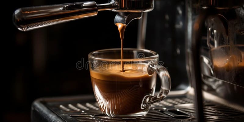 Stängning av espressomvandling från kaffebryggare. framställningen av kaffe. ai generativ vektor illustrationer