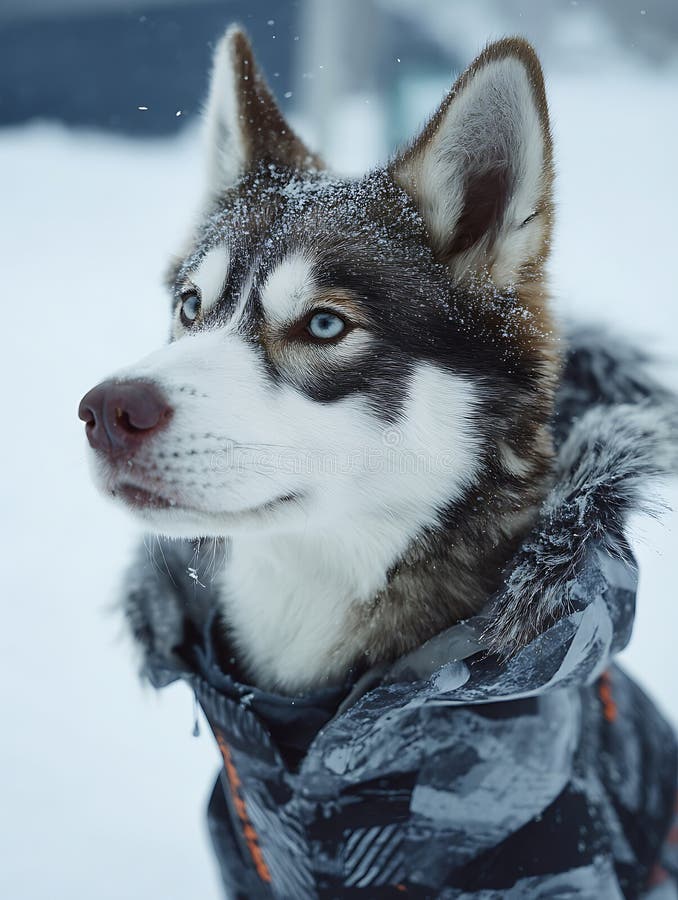 Stängning av ett husky Wearing Winter Sportswear i ett snöslandskap royaltyfri illustrationer