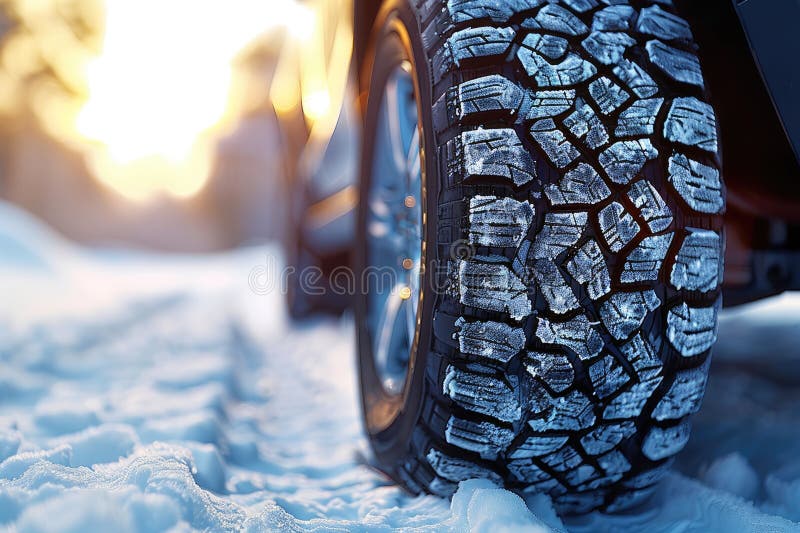 Stängning av Frosty Winter Tire på Snowy Road vid Sunset stock illustrationer