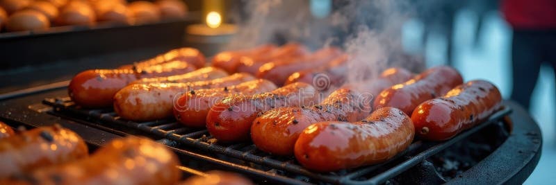 Stängning av grillkorv på en grillkorv på en snowy-julmarknad stall christmas juicy market vektor illustrationer